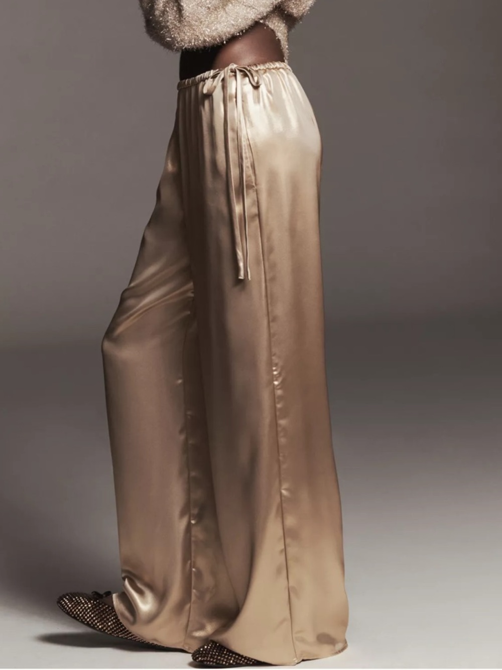 Maeve Liquid Shine Party Pull-On Pants. Shimmery Gold Satin Pants